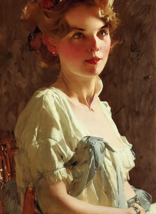 Image similar to illustration upper body and head portrait of elegant woman in summer dress, by norman rockwell, roberto ferri, daniel gerhartz, tom lovell, dean cornwell