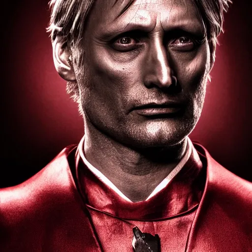 Image similar to mads mikkelsen as a vampire, male, late - 4 0 s aged, very long hair, slicked black hair, red eyes, clean shaven, wearing a cape, regal, royal, grim facial expression, high medieval fantasy, full color digital art, cinematic shot, portrait, wide shot.