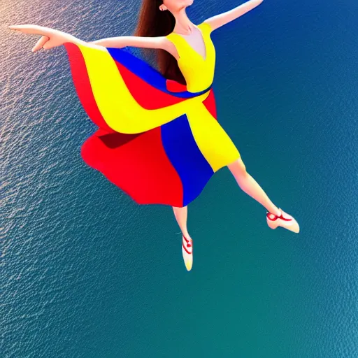 Image similar to beautiful modern dancer wearing a red and yellow and blue swirling dress, standing on a Santorini terrace looking down into the ocean, trending on Artstation, cinematic, octane render