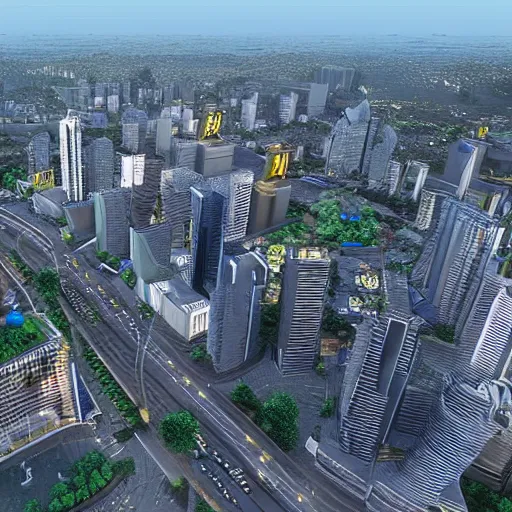 Image similar to 3 d rendering of the city of jakarta rendered with an unreal engine, the image is refined with uhd, yellowish light, and also its beauty is like the real world
