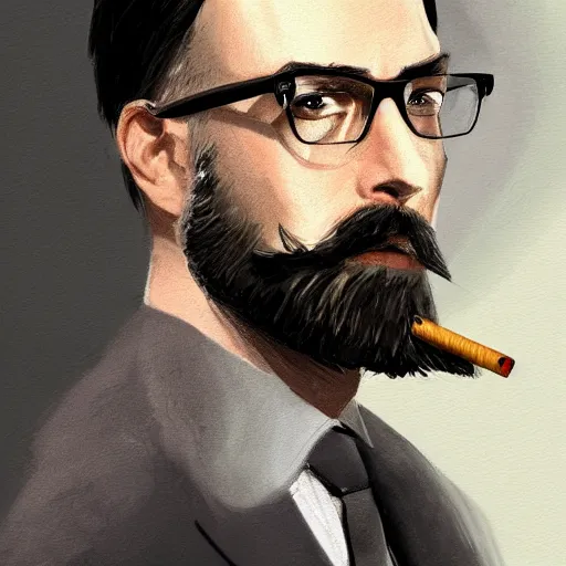 Prompt: a man with a stubble and suit smoking a cigarette with glasses on,D&D, sci-fi, elegant, hopeful, muscular, highly detailed, digital painting, artstation, concept art, smooth, sharp focus, illustration