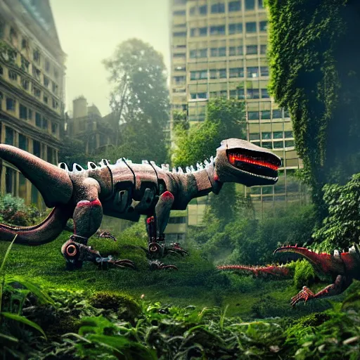 Prompt: overgrown london taken over by robot dinosaurs, highly detailed, 4k, HDR, award-winning, artstation, octane render