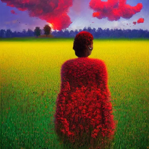 Image similar to giant red flower afro, full body, girl walking in the middle of a field with flowers, surreal photography, hills, sunrise dramatic light, impressionist painting, colorful clouds, digital painting, pointillism, artstation, simon stalenhag