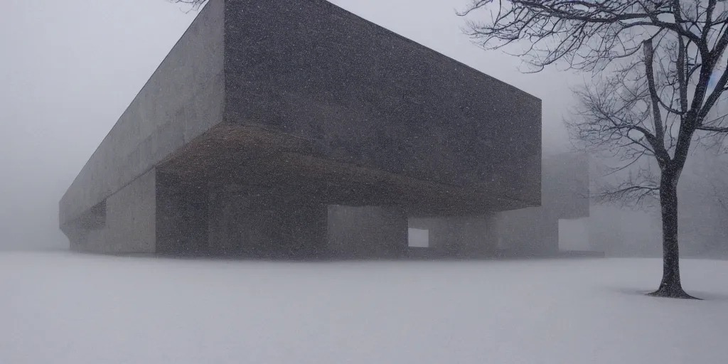 Prompt: snow falling on complex and beautiful brutalist buildings, depth of field, soft focus, clear focus, beautiful, award winning architecture, le corbusier, frank lloyd wright, snow, fog, mist, hopeful, quiet, calm, serene