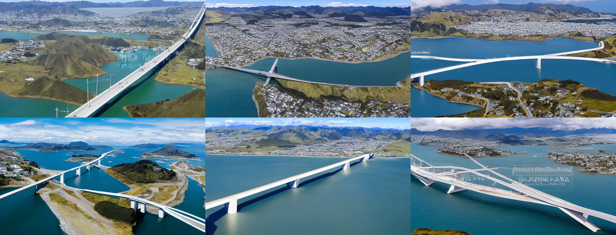 Prompt: aerial footage of the new 50 km bridge in the middle of the Pacific Ocean between Wellington, North Island, and Blenheim, South Island, NZ, 8k panorama, grainy IMAX filter