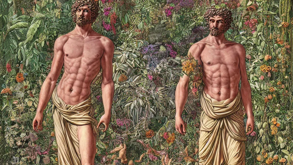 Prompt: highly detailed illustration of a greek statue of a man surrounded by all the known species of plants and flowers by juan gatti!, by moebius!, by oliver vernon!