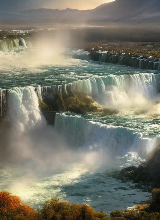 Image similar to cascade of multiple gigantic niagara falls, epic mountains in the background, early dawn, fantasy illustration, matte painting, concept art, low angle shot, volumetric lighting, volumetric atmosphere, morning mist, art by james gurney, unreal engine 5, 8 k