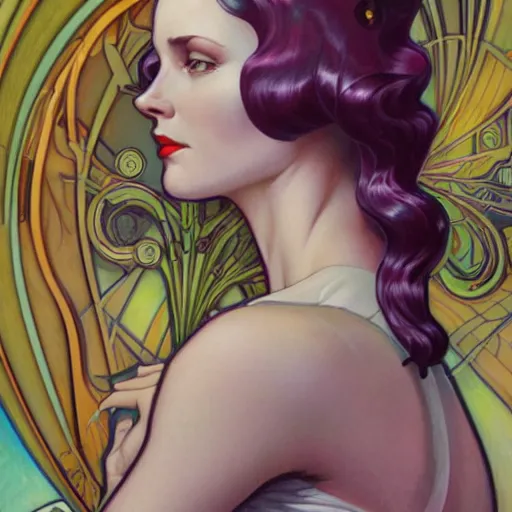 Image similar to a streamline moderne portrait in the style of anna dittmann and donato giancola and alphonse mucha.