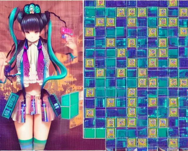 Image similar to fractal hatsune miku playing tetris, romance novel cover, cookbook photo, in 1 9 9 5, y 2 k cybercore, industrial photography, still from a ridley scott movie