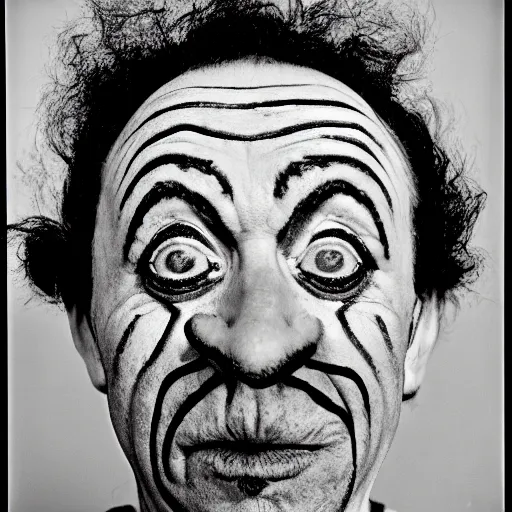 Prompt: portrait of clown by Diane Arbus, 50mm, black and white