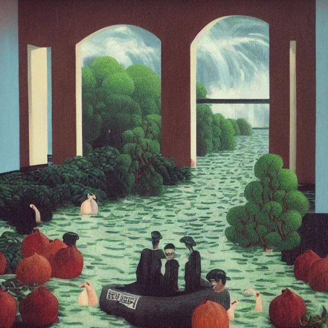 Image similar to painting of flood waters inside an apartment, tall female emo art student, a river flooding indoors, pomegranates, pigs, ikebana, water, river, rapids, waterfall, black swans, canoe, berries, acrylic on canvas, surrealist, by magritte and monet