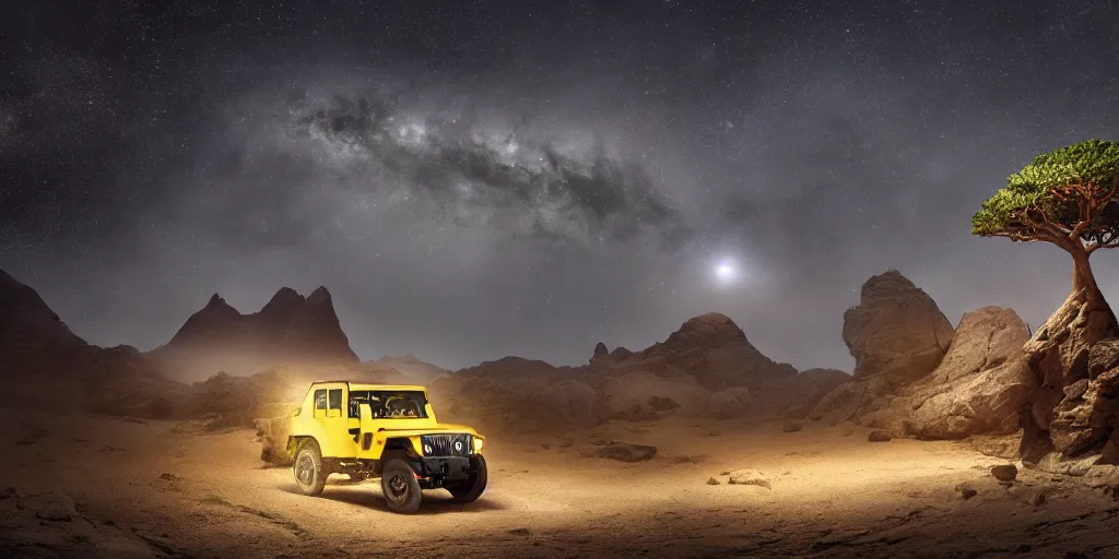 Image similar to yellow mahindra thar riding through moonlit socotra island with dragon trees, starry night, sharp focus, wide shot, trending on ArtStation, masterpiece, by Greg Rutkowski, by Ross Tran, by Fenghua Zhong, corona render, soft render, ultrarealistic, colorful, cinematic, shadow of the tomb rider