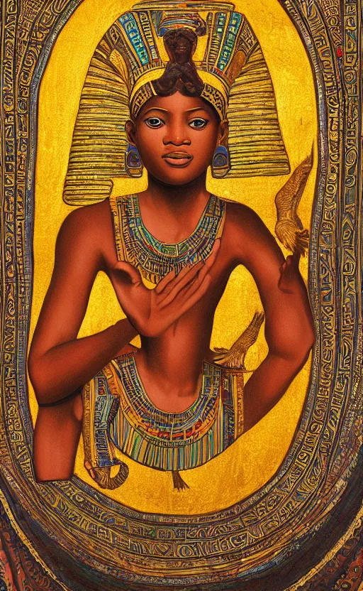 Image similar to mural of a beautiful young african muse, in golden egyptian ornaments, reaching towards the heavens, holy imagery, highly detailed, beautiful colors, renaissance mural, golden ratio, in the style of sandro boticceli