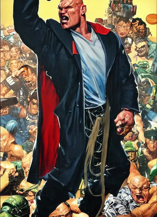 Prompt: full body and head portrait of hulking martyn ford wearing a trench coat as juggernaut, dynamic action painted by norman rockwell and phil hale and greg staples and tom lovell and frank schoonover and jack kirby