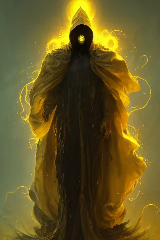 Image similar to A full body portrait of a mysterious character with no face with a very long hooded yellow cloak, a golden crown floating above his head tentacles coming out the ground art by Maciej Kuciara and Jason Chan, ominous, cosmic horror, trending on artstation, Ultra detailed, hyper realistic 4k