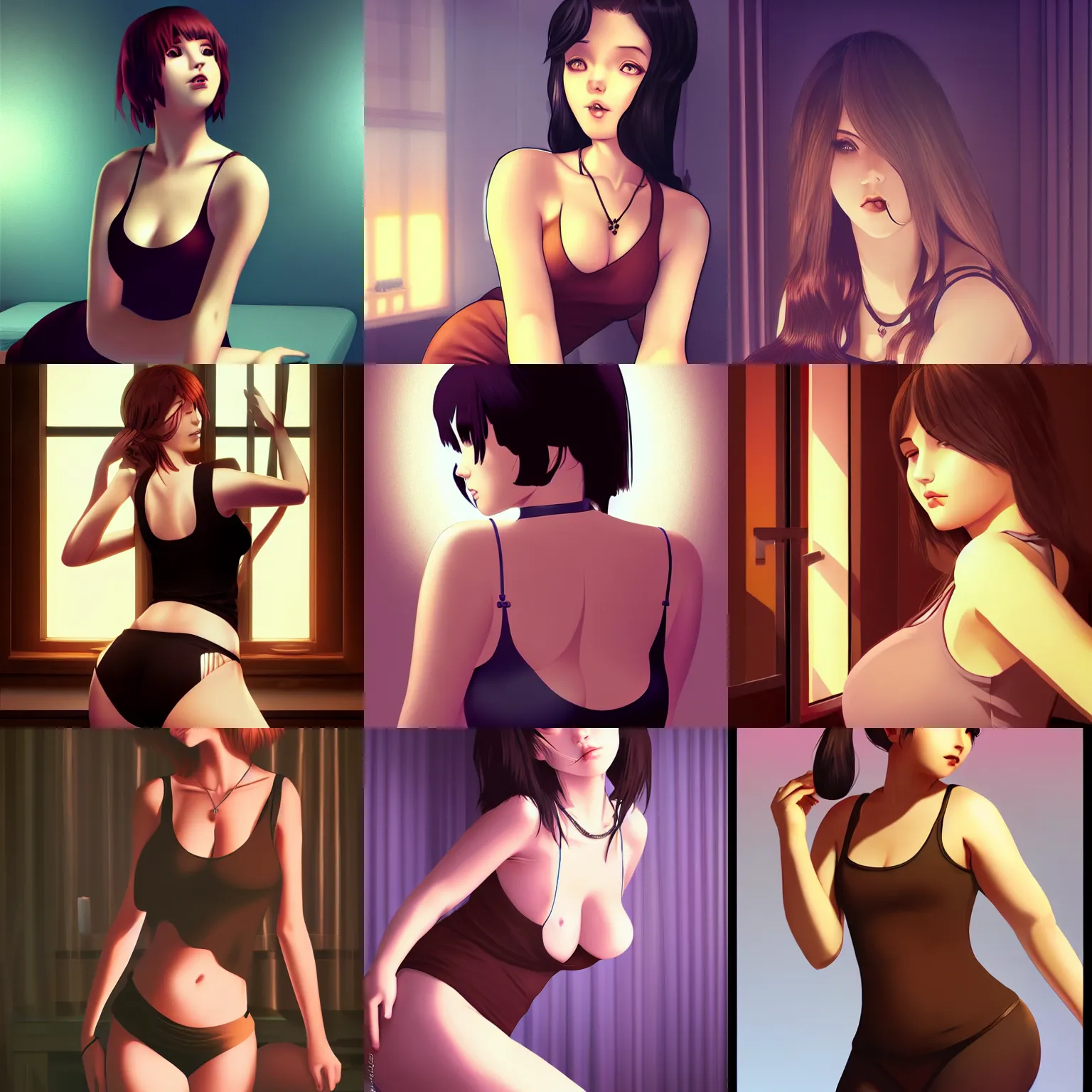 Prompt: sexy girl, wearing : tanktop, hair : long brown, surroundings : dark moonlit room, artstyle : ilya kuvshinov, bbwchan