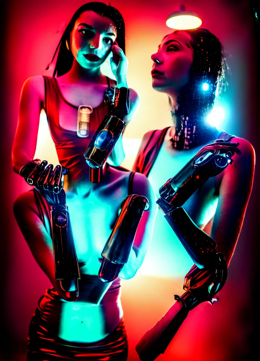 Prompt: woman, android, black hair, cyberpunk, artificial limbs, circuit, mechanisms, tattoos, neon lights, hard light, glamour, vogue photoshoot, fashion, lens flare, long dress, red dress, raindrops, rain, wet, wet hair, wet fabric, make - up, leaky make - up, red lipstick