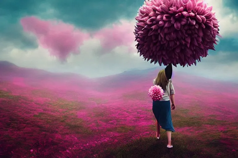 Image similar to a giant dahlia flower crown head, girl walking on mountain, surreal photography, pink storm clouds, dramatic light, impressionist painting, digital painting, artstation, simon stalenhag