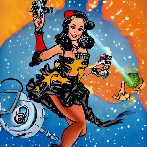 Image similar to old school, traditional style flashes of pinup girl in space holding a lazer pistol by sailor jerry, marina goncharova, vic james, electric martina, heath clifford, filip henningsson, kimi vera