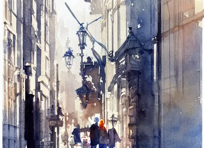 Image similar to concept art of allyway in england city, pinterest, artstation trending, behance, watercolor, by coby whitmore *, silver, laser light *,