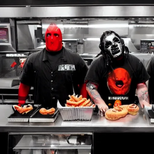 Image similar to a movie screenshot, slipknot band members working in a fast food restaurant, high quality, high detail