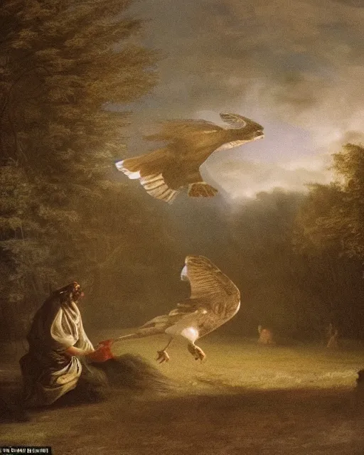 Image similar to turning and turning in the widening gyre, the falcon cannot hear the falconer, in the style of gregory crewdson, dark and moody