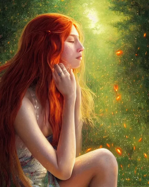 Image similar to a young woman, amazed by the lights of golden fireflies, sitting in the midst of nature fully covered, long loose red hair, intricate linework, green eyes, small nose with freckles, oval shape face, soft happy smile, realistic, expressive emotions, mystical scene, hyper realistic ultrafine detailed illustration by james jean and albert bierstadt and artgerm