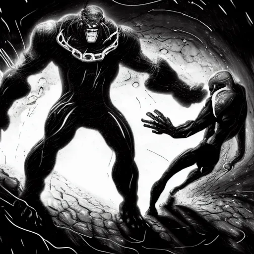 Image similar to black and white thanos fight with the thanos in a cave, by tsutomu nihei, black and white, old cave with slime and wires blur background, cinematic, perspective, realistic