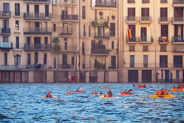 Image similar to views of people on boats on a catastrophic barcelona, buildings covered with high water, floating cars, sunset lighting, photo real