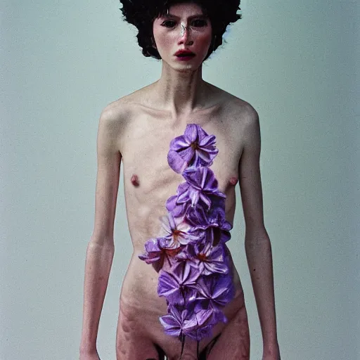 Prompt: a flower / human hybrid, fashion medium format color photo