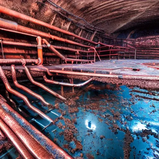 Image similar to underground copper mine, flooded, dirty water, rusty pipes