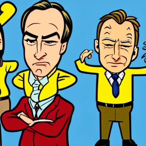 Prompt: better call saul in the style of a cheap 90's cartoon, vibrant, simple, exaggerated proportions for characters, grainy, 2D, Cell Shaded, 90's style, cheap