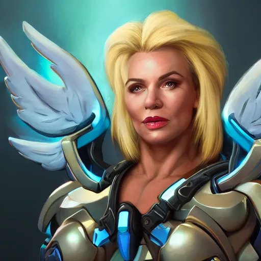 Image similar to a screenshot of arnold schwarzenegger as mercy in overwatch, angel wings, halo, portrait, fantasy, beautiful face, vivid colors, elegant, concept art, sharp focus, digital art, hyper - realistic, 4 k, unreal engine, highly detailed, hd, dramatic lighting by brom, trending on artstation