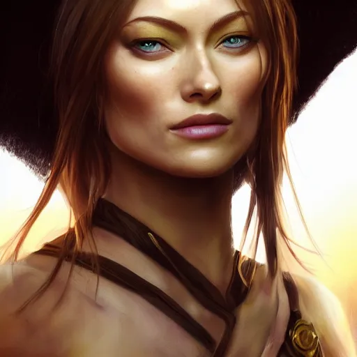 Image similar to Olivia Wilde, portrait, fantasy, medieval, beautiful face, vivid colors, elegant, concept art, sharp focus, digital art, Hyper-realistic, 4K, Unreal Engine, Highly Detailed, HD, Dramatic Lighting by Brom, trending on Artstation