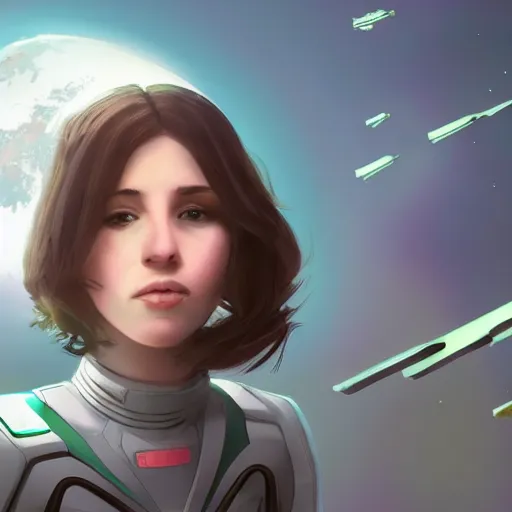 Prompt: a photo of a young woman with short brown hair and green eyes, floating in space, trending on artstation