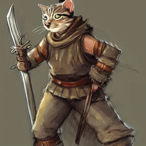 Prompt: humanoid homeless cat wearing rags, wielding a broadsword, concept art, d & d, fantasy, trending on artstation
