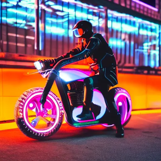 Prompt: cyber motorcycle through a futuristic tokyo neon lights