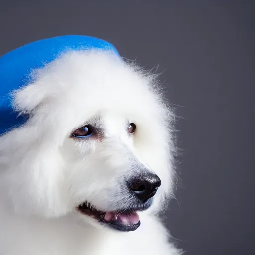 Image similar to a high quality photo of a white fluffy dog wearing a blue cap,photorealistic,hyperdetailed,focus,dept of field,professional photography,professional lighting,studio photo,studio lighting,detailed face