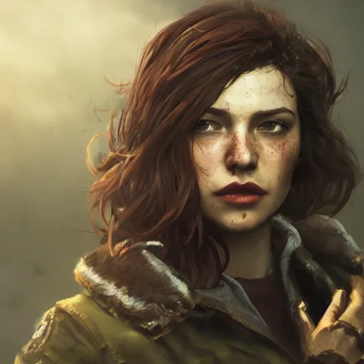 Image similar to fallout 5, charismatic beautiful rugged brunette female protagonist, portrait, outdoors low density urban environment, atmospheric lighting, painted, intricate, volumetric lighting, beautiful, daytime, sunny weather, slight overcast, sharp focus, deep colours, ultra detailed, by leesha hannigan, ross tran, thierry doizon, kai carpenter, ignacio fernandez rios