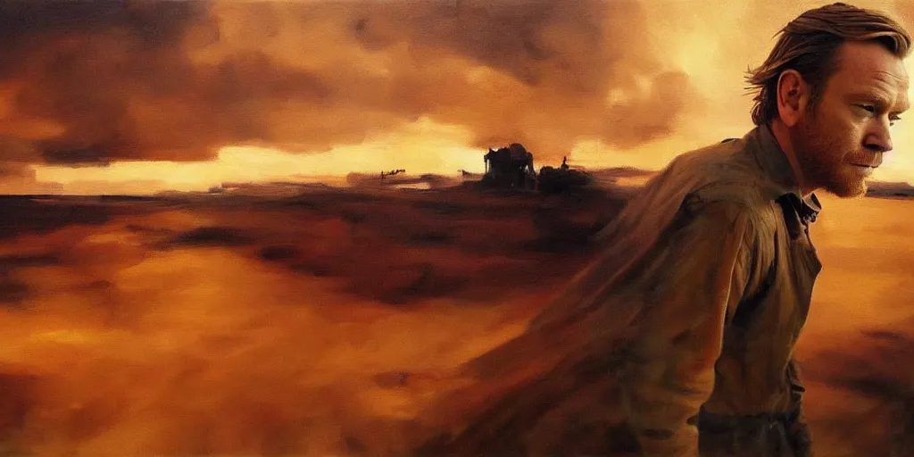 Image similar to we see ewan mcgregor from side. atmospheric feeling, warm colours, brown colours, yellow colours, epic scene, cinematic, very detailed, oil painting