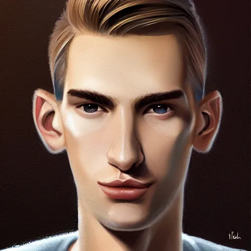 Image similar to tall man in his twenties with brown blond short quiff hair and thin slightly round facial structure with cleft chin, straight eyebrows and prominent nose, good definition of cheekbones, big hazel nut brown eyes, narrow face, slim body, atmospheric lighting, painted, intricate, 4 k, highly detailed by charlie bowater