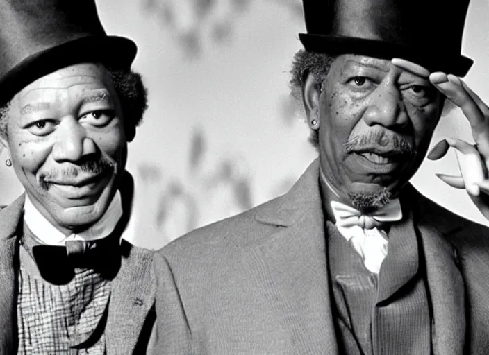 Image similar to a film still of Morgan Freeman as Willy Wonka in Willy Wonka and the Chocolate Factory 1971