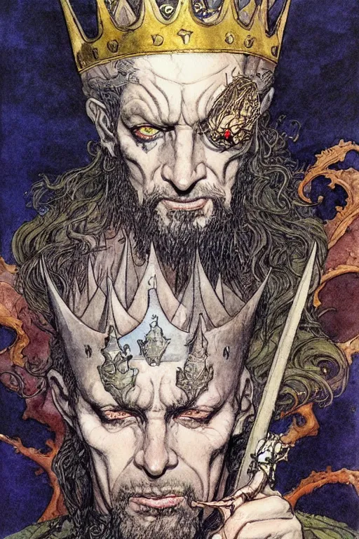 Image similar to a realistic and atmospheric watercolour fantasy character concept art portrait of an evil king with a black crown looking at the camera with an intense gaze by rebecca guay, michael kaluta, charles vess and jean moebius giraud