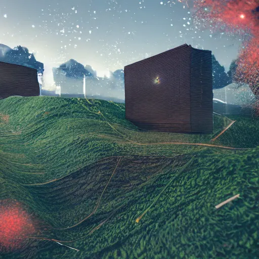 Image similar to glitching physics, landscape design, game concept art, unreal, cinema 4d render,