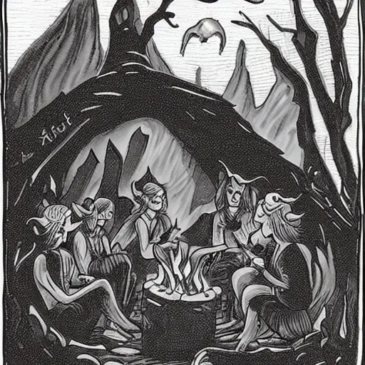Image similar to a witches coven around a fire in a cave