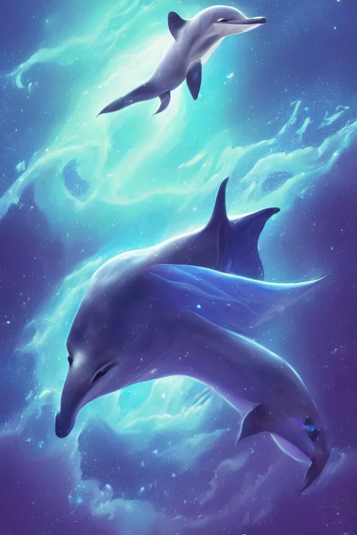 Prompt: Ethereal blue fire dolphin 🐬 flying through a nebula, Sirius star system, star dust, cosmic, magical, shiny, glow,cosmos, galaxies, stars, outer space, stunning, by andreas rocha and john howe, and Martin Johnson Heade, featured on artstation, featured on behance, golden ratio, ultrawide angle, hyper detailed, photorealistic, epic composition, wide angle, f32, well composed, UE5, 8k