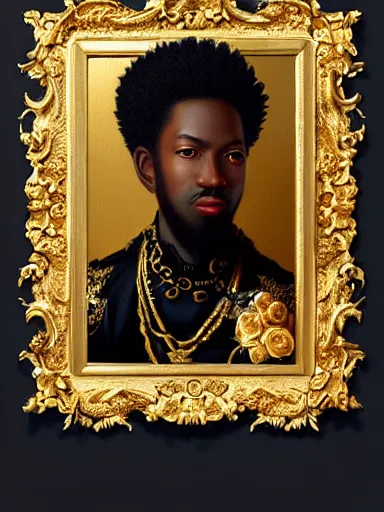 Prompt: rococo portrait of a black prince wearing a golden crown with pastel flowers, symmetrical, realistic, 8 k, artstation, digital painting, art by krenz cushart, kehinde wiley, artgem