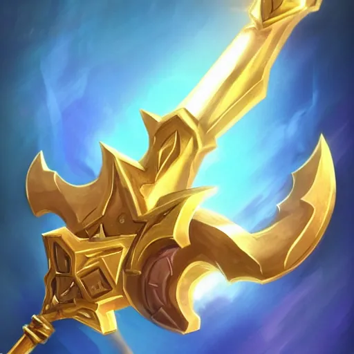 Image similar to a magical golden weapon, d & d, league of legends, concept art, blue background, dramatic lighting. realistic - h 7 6 8