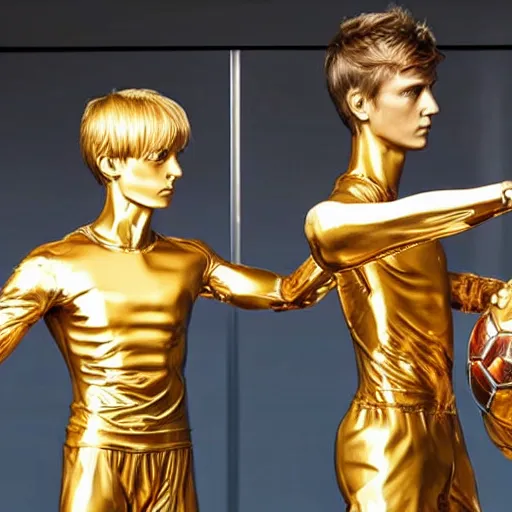 Image similar to a realistic detailed photo of a guy who is an attractive humanoid who is half robot and half humanoid, who is a male android, soccer players martin ødegaard, shiny skin, posing like a statue, blank stare, in a factory, on display, showing off his muscles, gold soccer shorts, back view