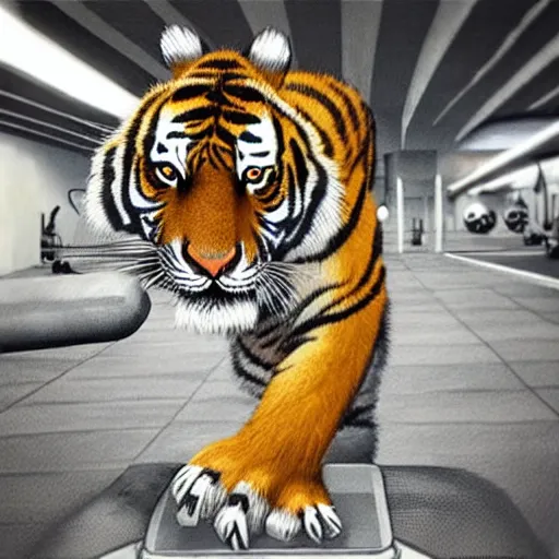 Prompt: “a tiger working out in the gym, trending on artstation”